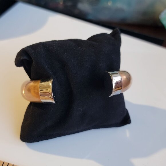 Rose Gold Plated Open Cuff Bangle Bracelet With Polished Silver-Tone Ends - Picture 3 of 7